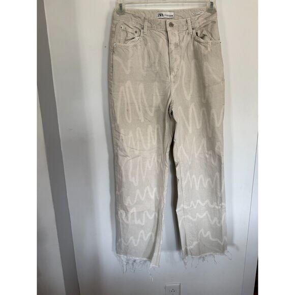 VTG Zara High Waist Wide Leg Cream Color Wave Pattern Leg Jeans Size EU40, US 8 - Picture 2 of 8